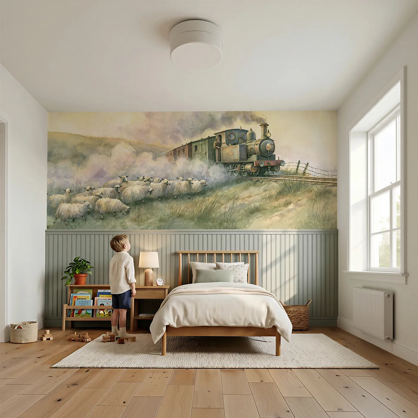 Child reading near Waiting For The Flock Wainscoting Wallpaper by Whimsy Tots