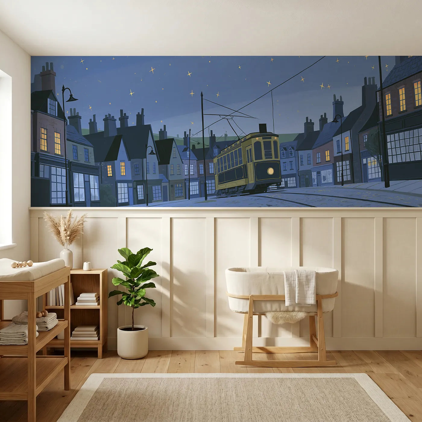 Modern illustration wainscoting wallpaper of a trolley at its terminus by Whimsy Tots