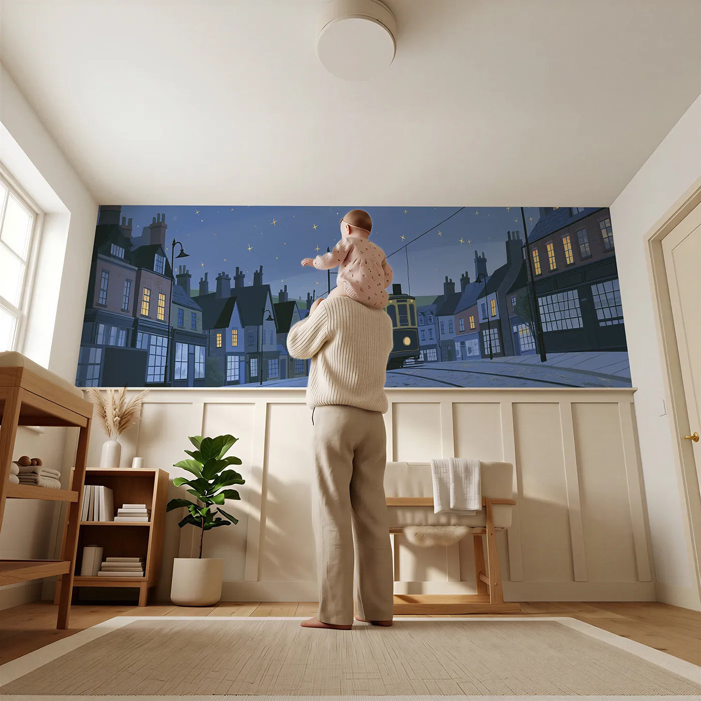 Child reading near Trolley At The Terminus Wainscoting Wallpaper by Whimsy Tots