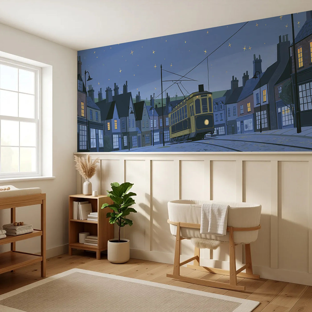 Trolley At The Terminus Wainscoting Wallpaper styled in a kids room by Whimsy Tots