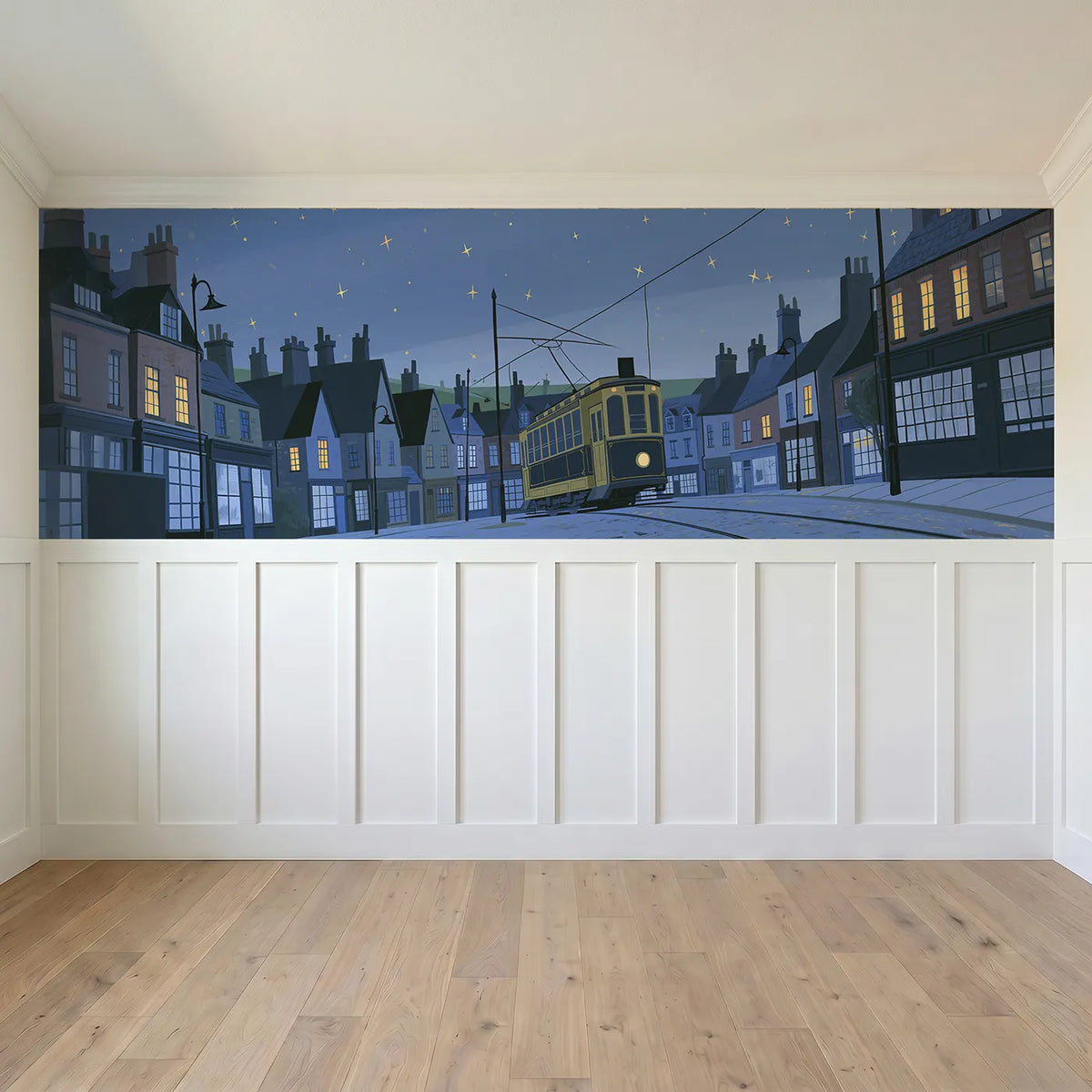 Full panel view of Trolley At The Terminus Wainscoting Wallpaper by Whimsy Tots