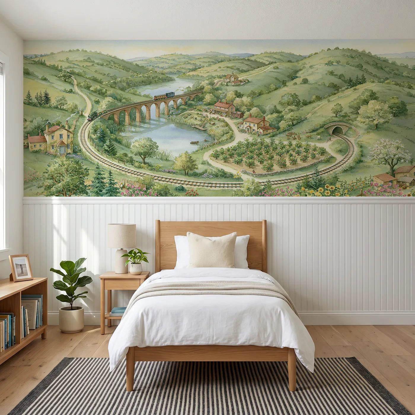 Storybook wainscoting wallpaper of a railway adventure map by Whimsy Tots