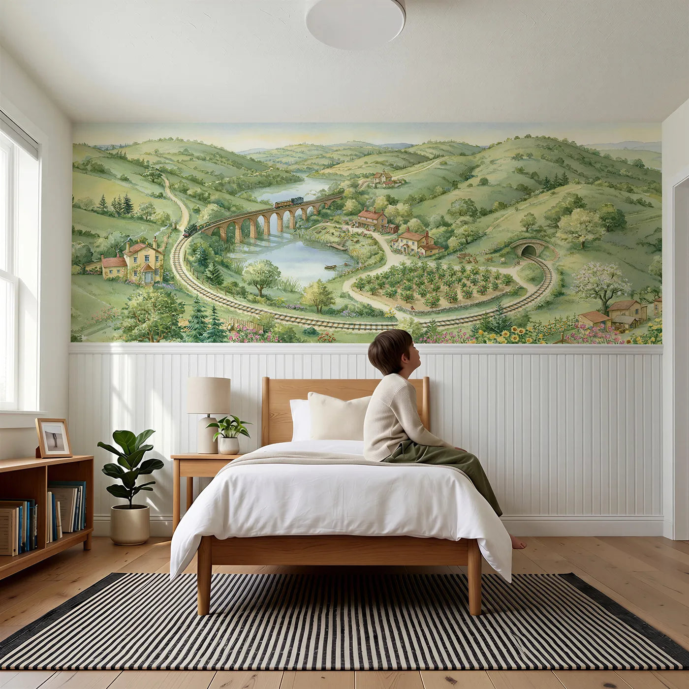 Child reading near Railway Adventure Map Wainscoting Wallpaper by Whimsy Tots
