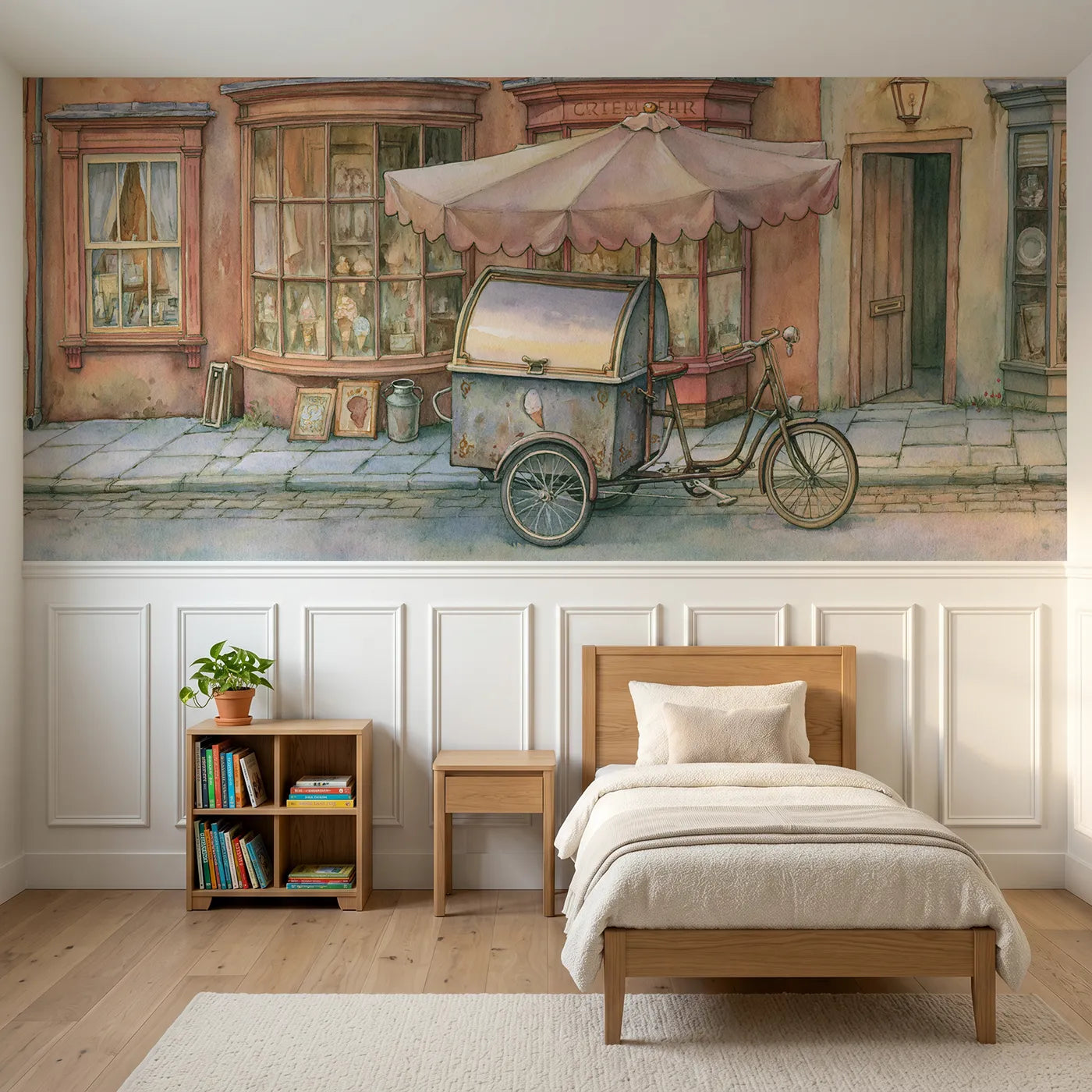 Storybook wainscoting wallpaper of an ice cream trike and parasol by Whimsy Tots