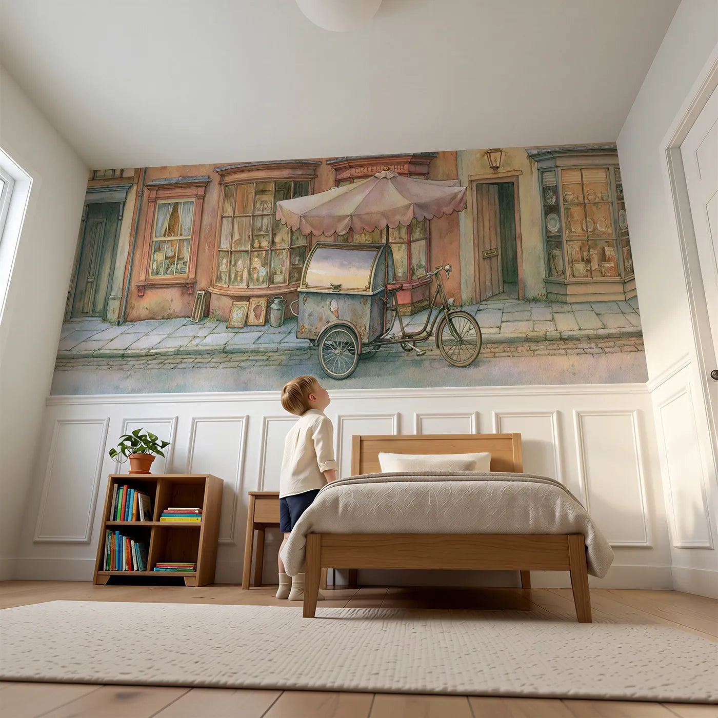 Child reading near Ice Cream Trike Parasol Wainscoting Wallpaper by Whimsy Tots