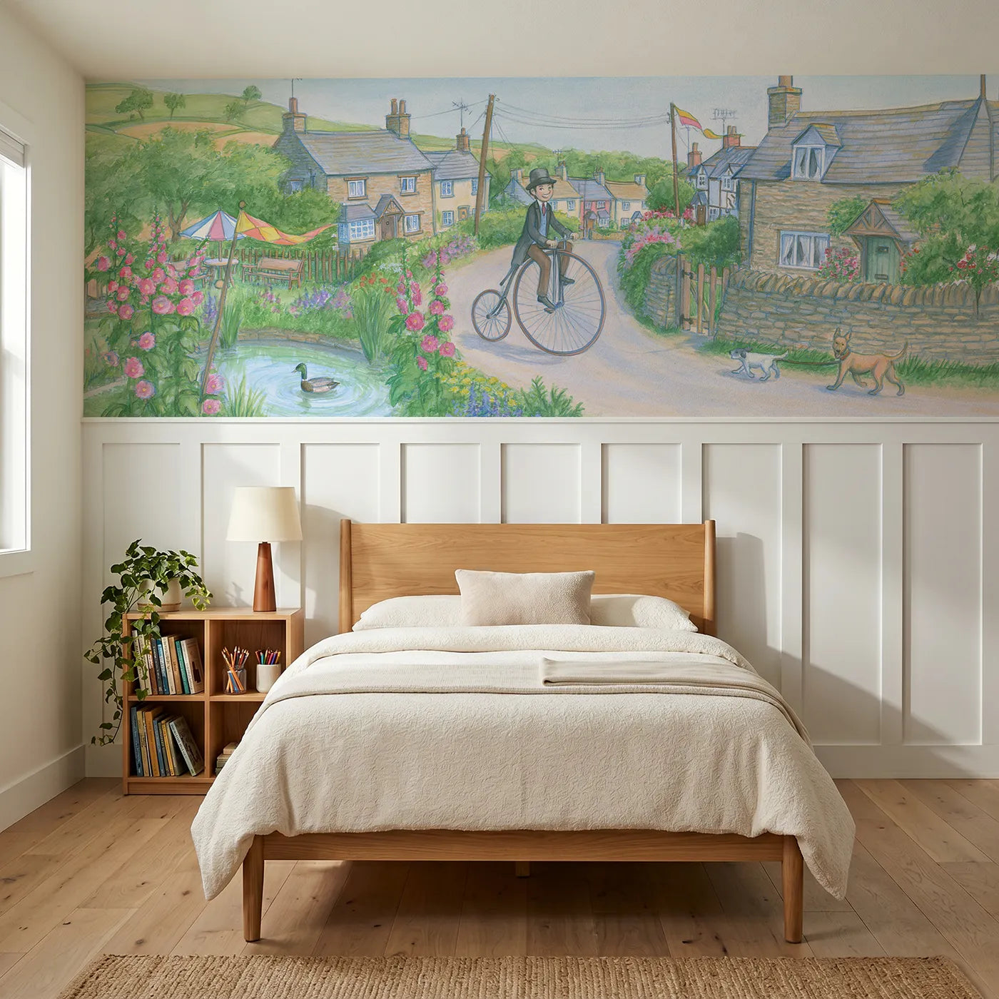 Colored pencil wainscoting wallpaper of a penny-farthing on a lane by Whimsy Tots