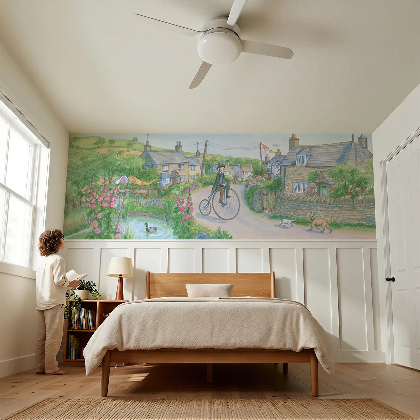 Child reading near Penny Farthing On The Lane Wainscoting Wallpaper by Whimsy Tots