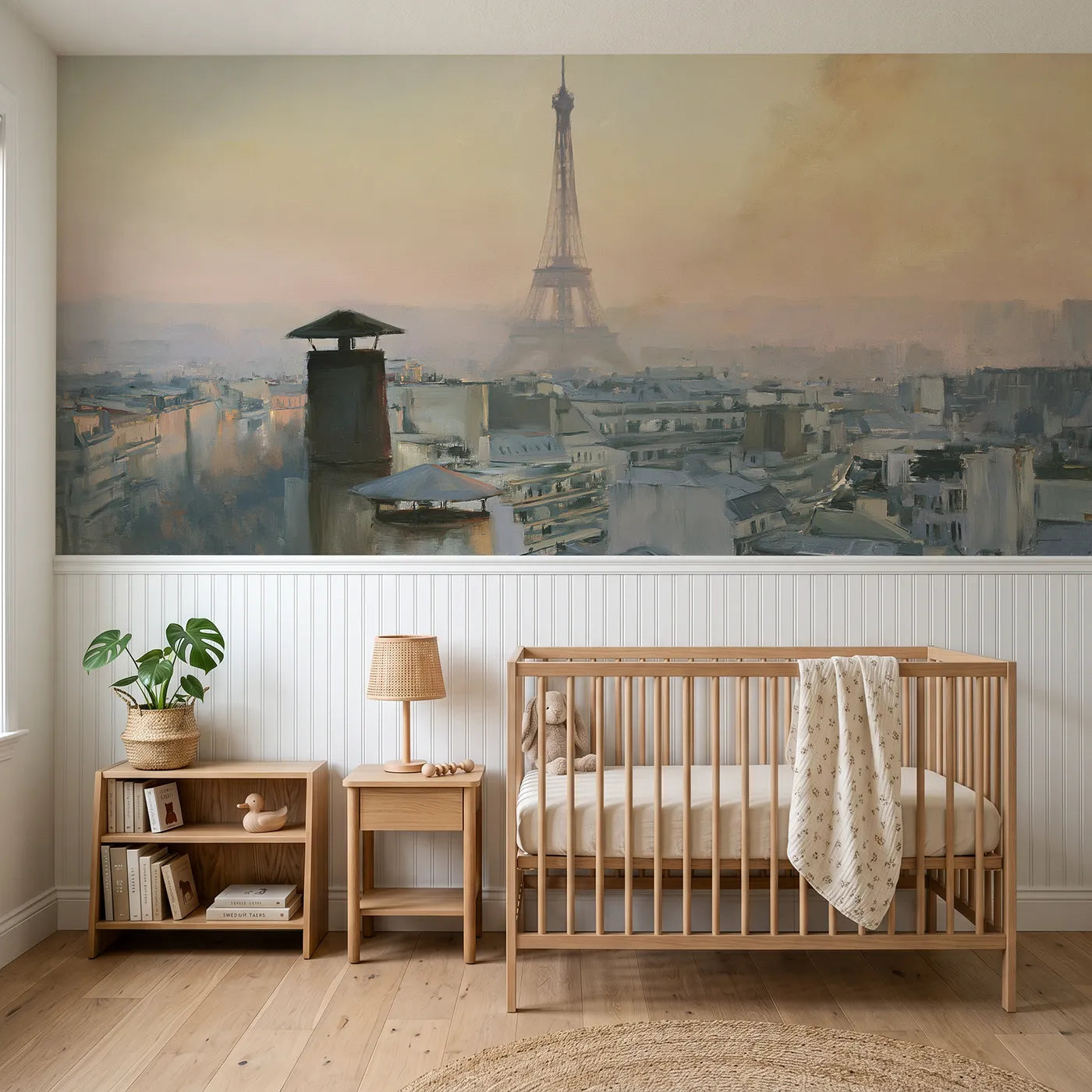 Watercolor wainscoting wallpaper of the Eiffel Tower over rooftops by Whimsy Tots