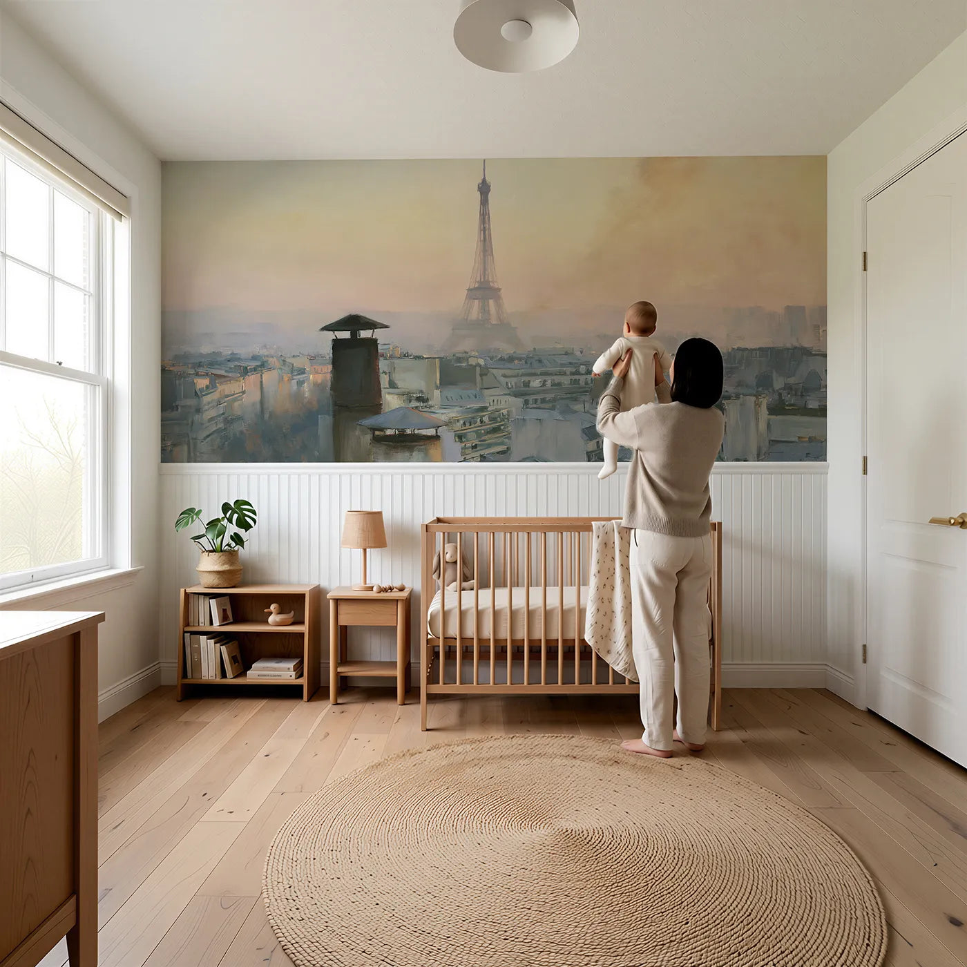 Child reading near Eiffel Beyond The Rooftops Wainscoting Wallpaper by Whimsy Tots