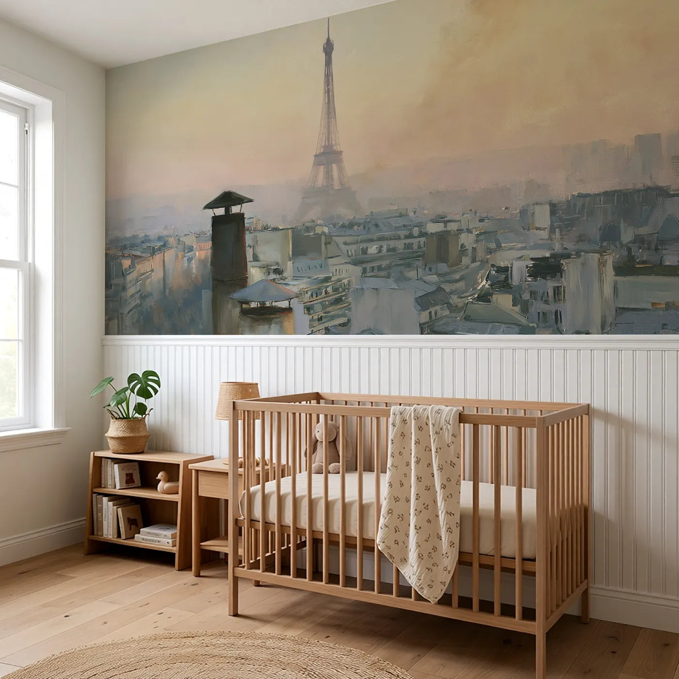 Eiffel Beyond The Rooftops Wainscoting Wallpaper styled in a kids room by Whimsy Tots