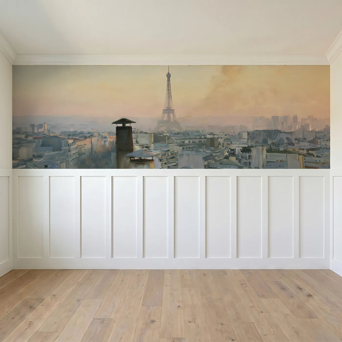Full panel view of Eiffel Beyond The Rooftops Wainscoting Wallpaper by Whimsy Tots
