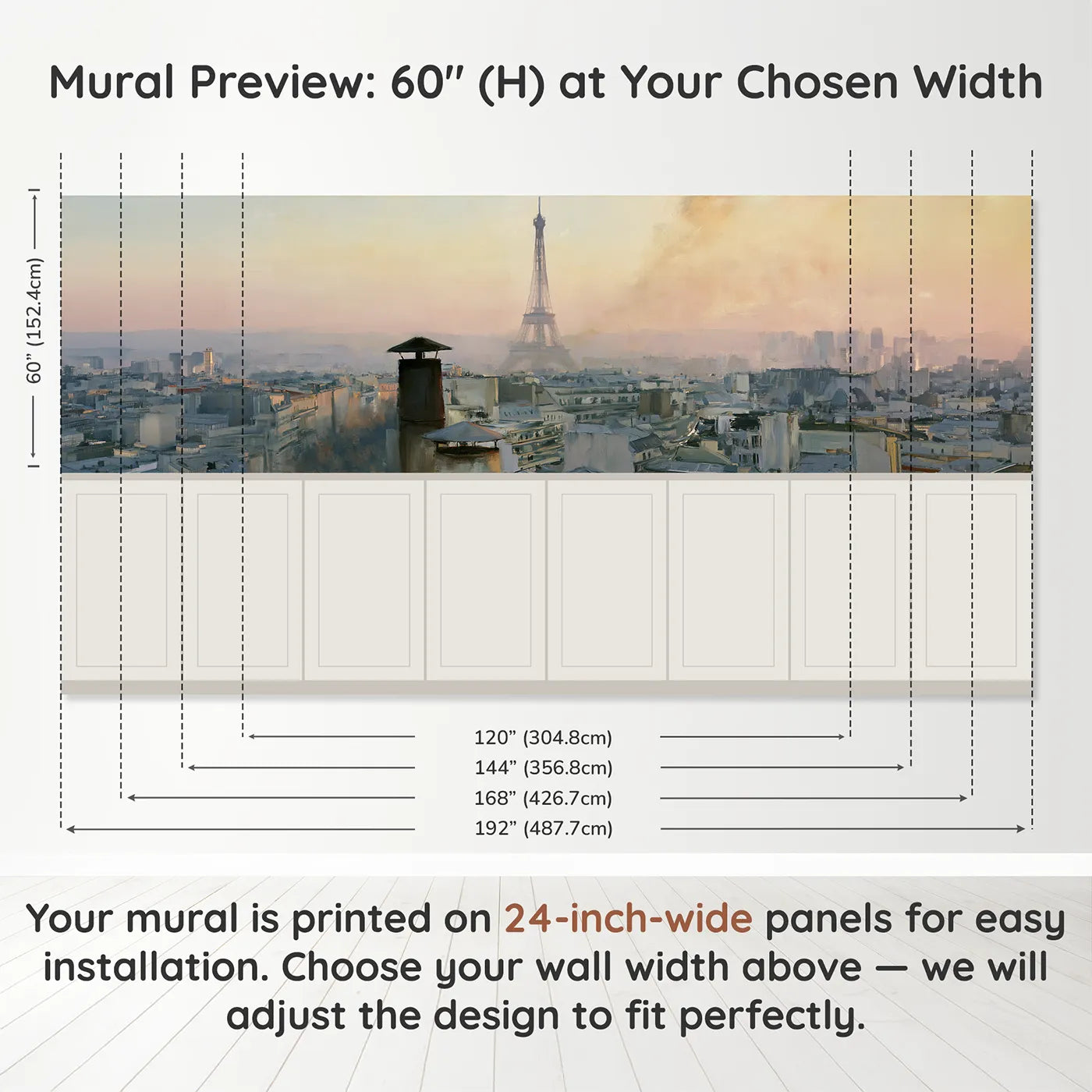 Panel dimensions for Eiffel Beyond The Rooftops Wainscoting Wallpaper by Whimsy Tots