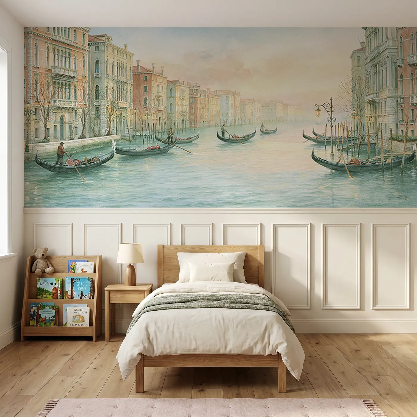 Storybook wainscoting wallpaper of gondolas setting out at dawn by Whimsy Tots