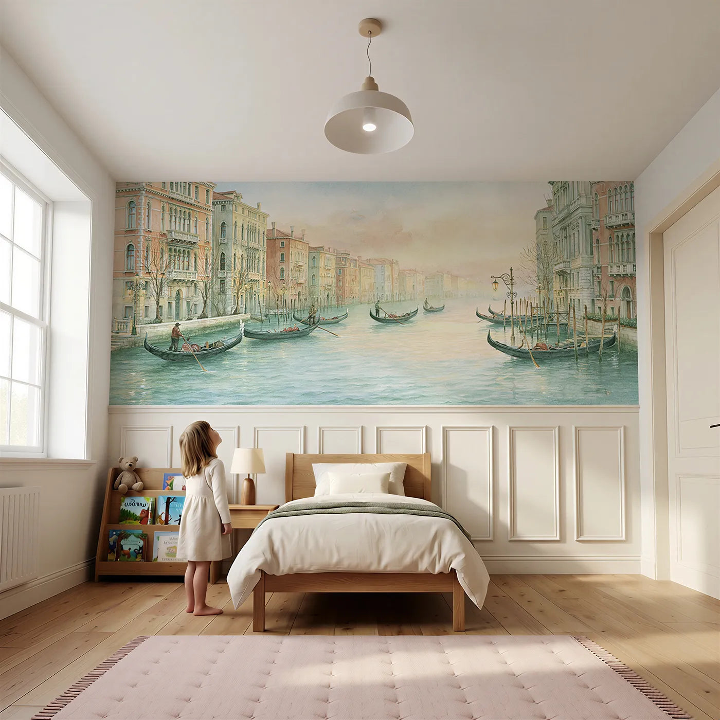 Child reading near Gondolas Setting Out Dawn Wainscoting Wallpaper by Whimsy Tots