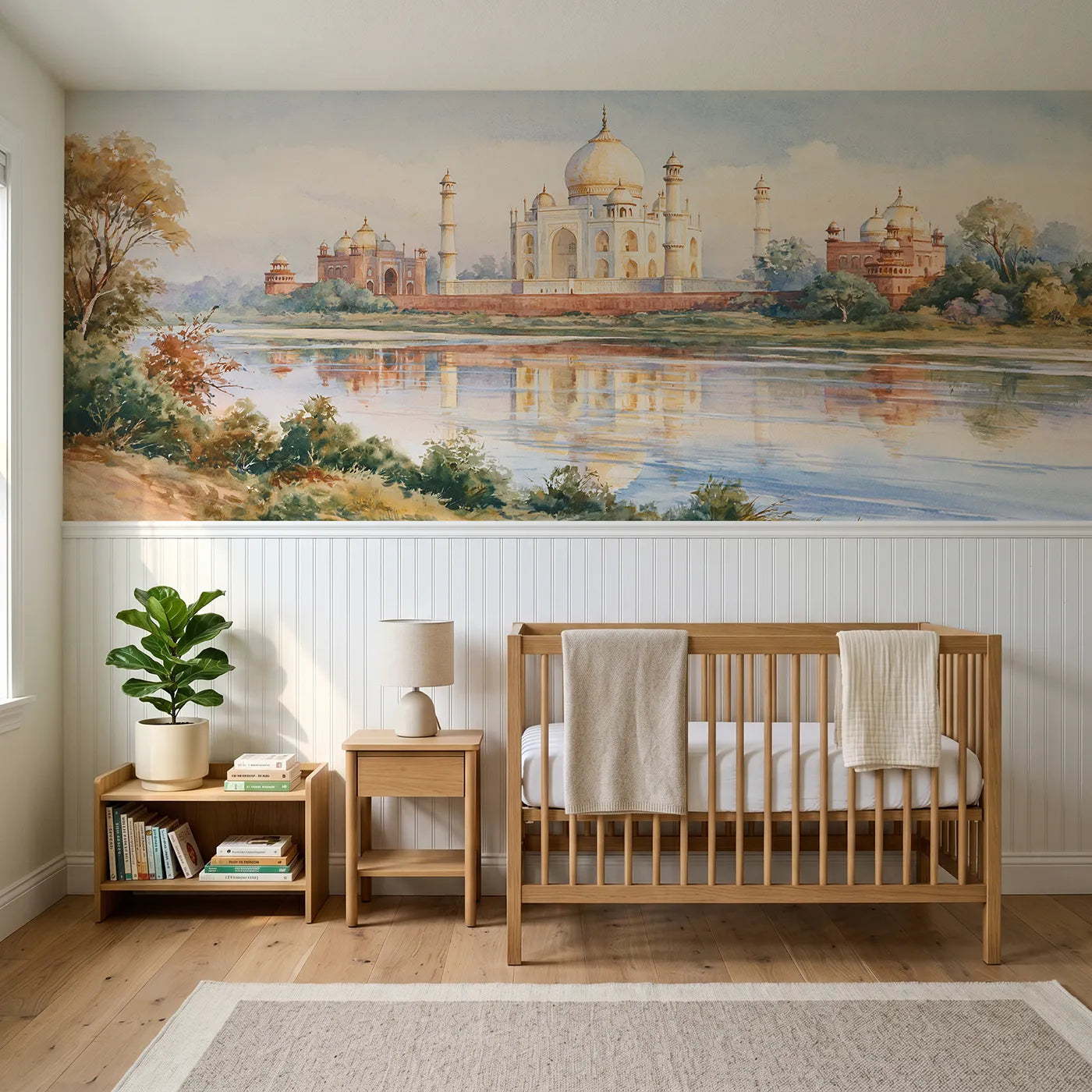 Watercolor wainscoting wallpaper of the Taj Mahal at dawn by Whimsy Tots