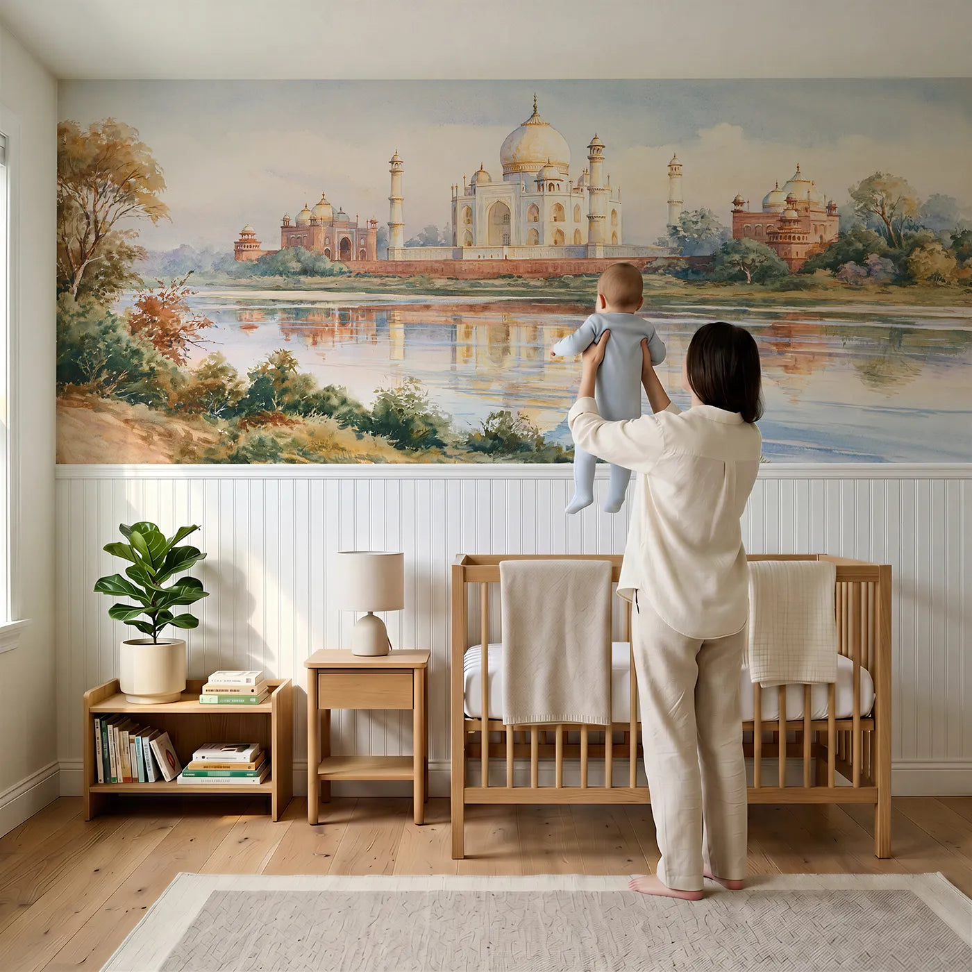 Child reading near Taj From The River Bend Wainscoting Wallpaper by Whimsy Tots
