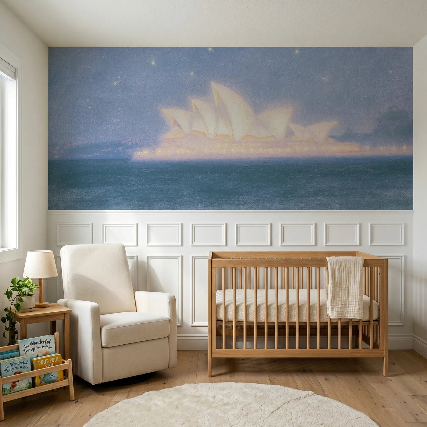 Soft pastel wainscoting wallpaper of opera house sails under stars by Whimsy Tots