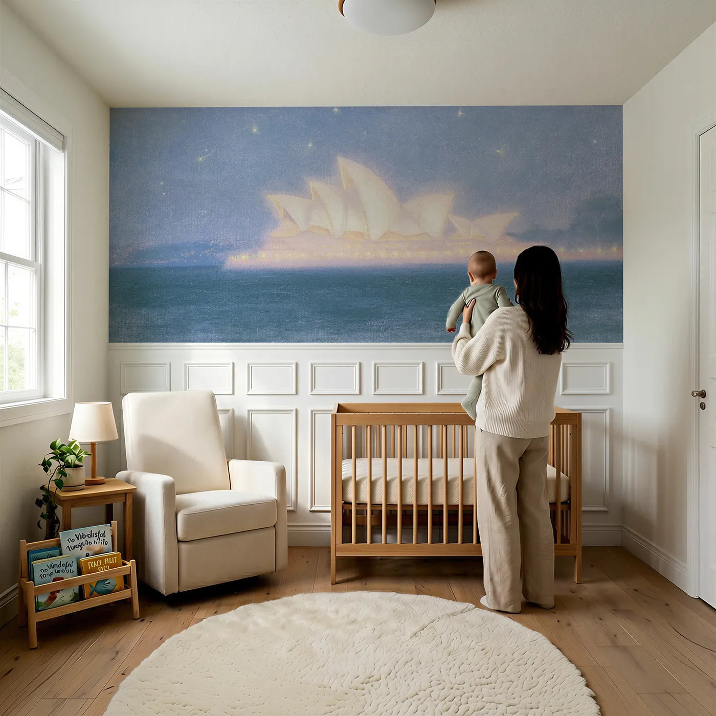 Child reading near Opera Sails Under Stars Wainscoting Wallpaper by Whimsy Tots