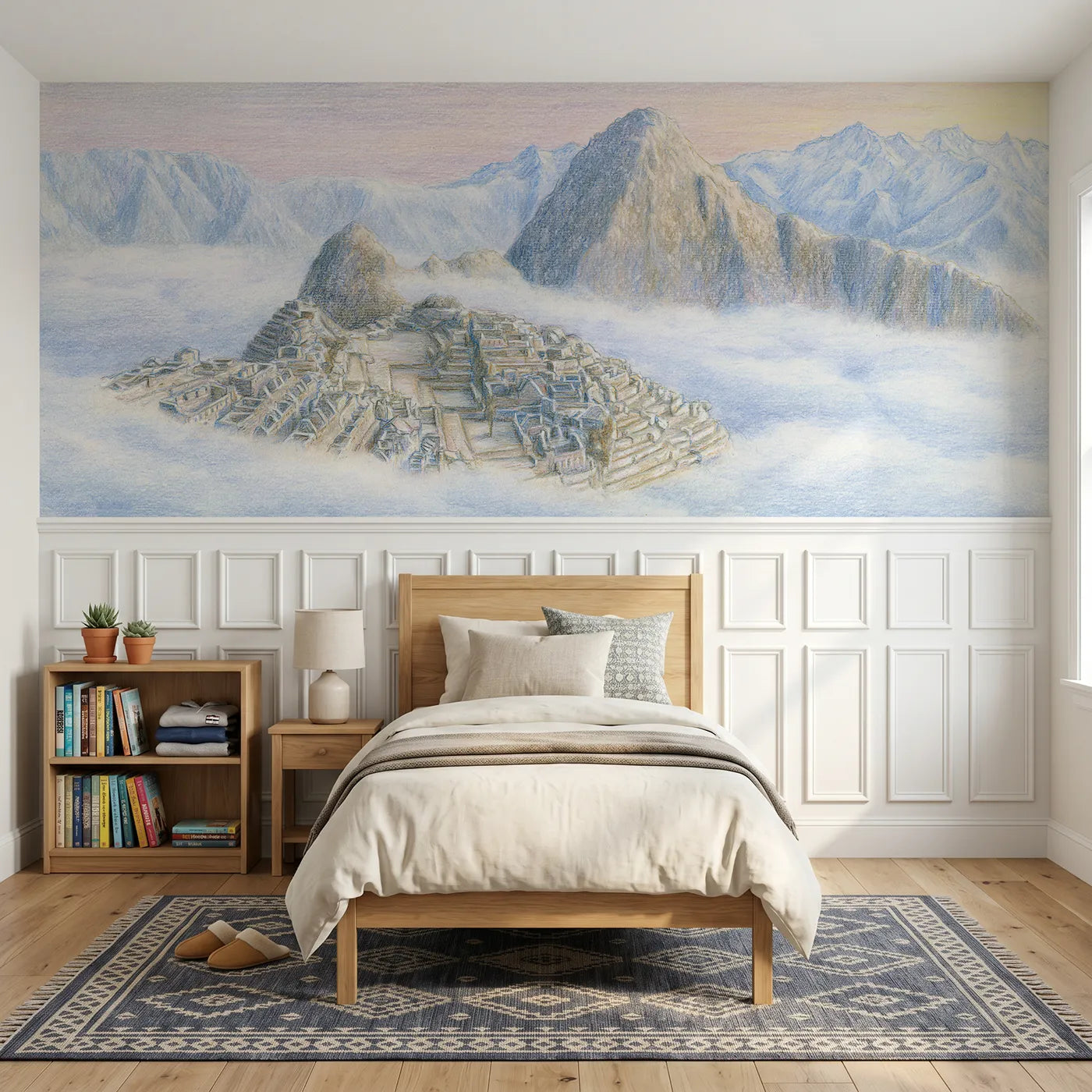 Colored pencil wainscoting mural of a cloud city at dawn by Whimsy Tots