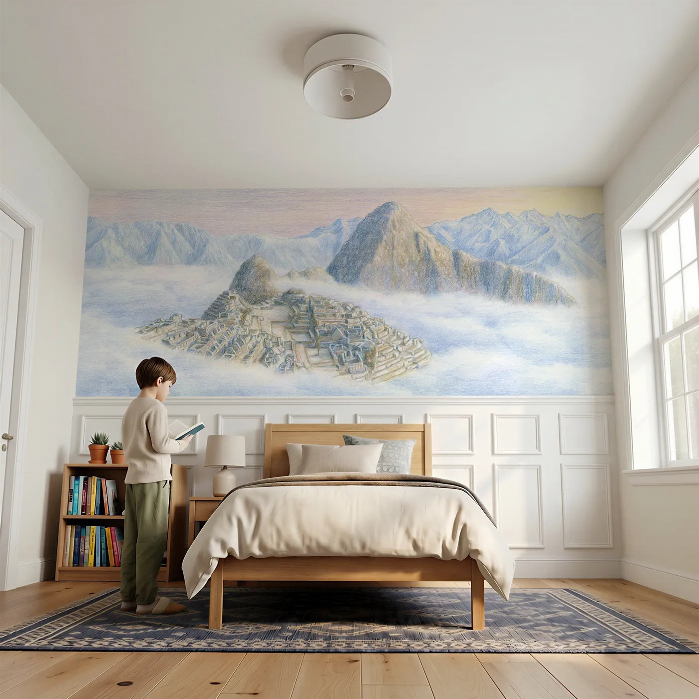 Child reading near Cloud City At Dawn Wainscoting Wallpaper by Whimsy Tots