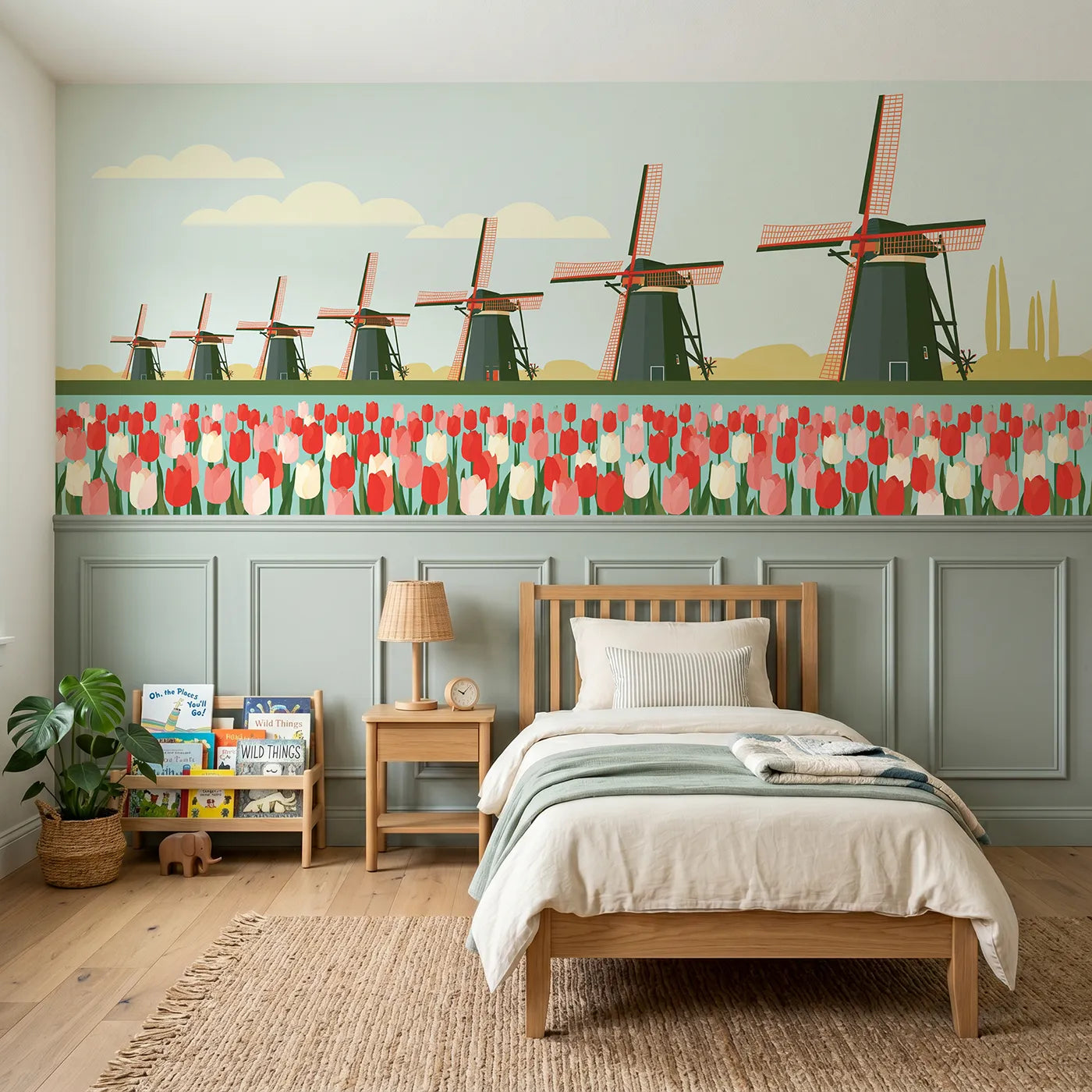 Modern illustration wainscoting wallpaper of windmills and tulip fields by Whimsy Tots