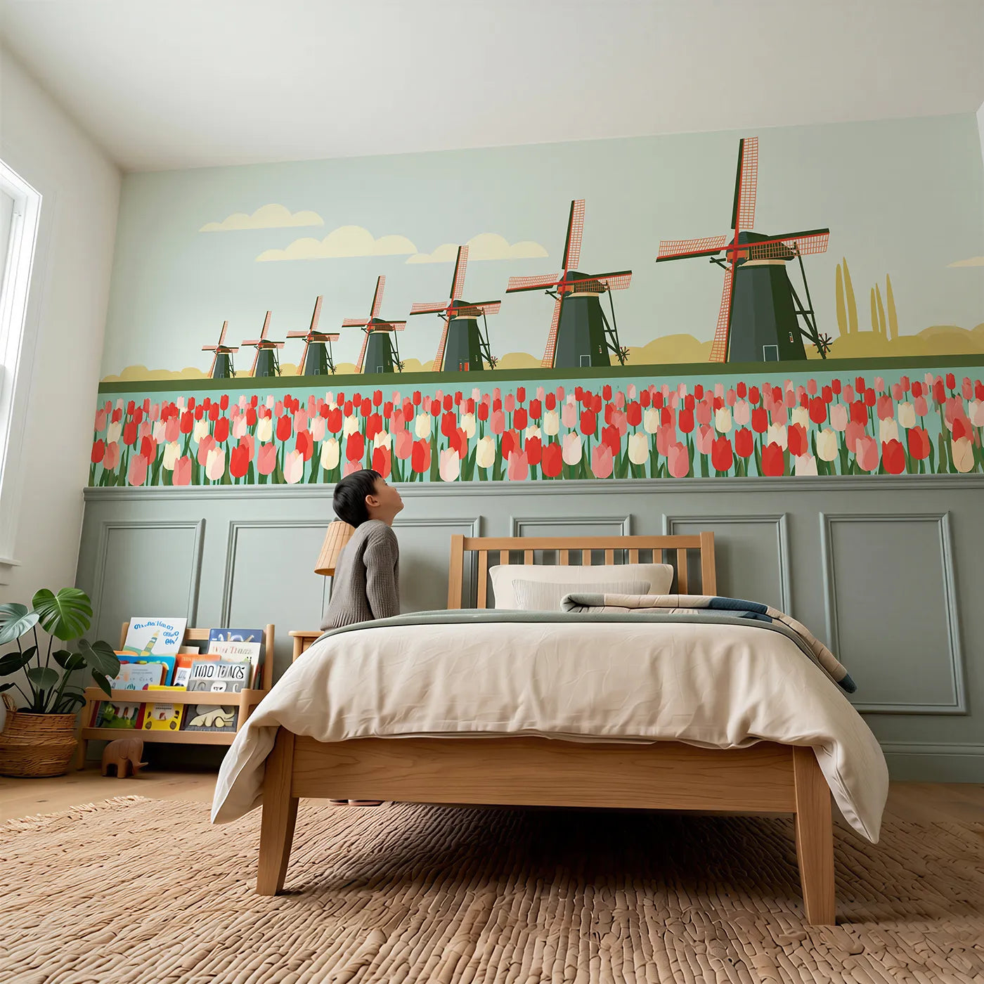 Child reading near Windmills By The Tulips Wainscoting Wallpaper by Whimsy Tots