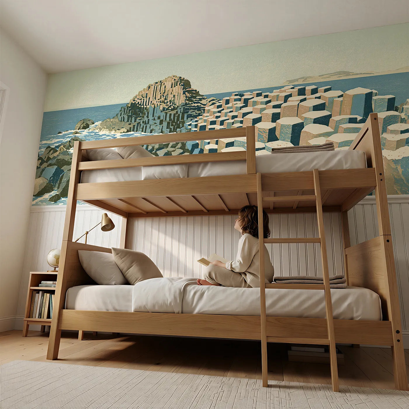 Child reading near Carved Giant Stepping Stones Wainscoting Wallpaper by Whimsy Tots