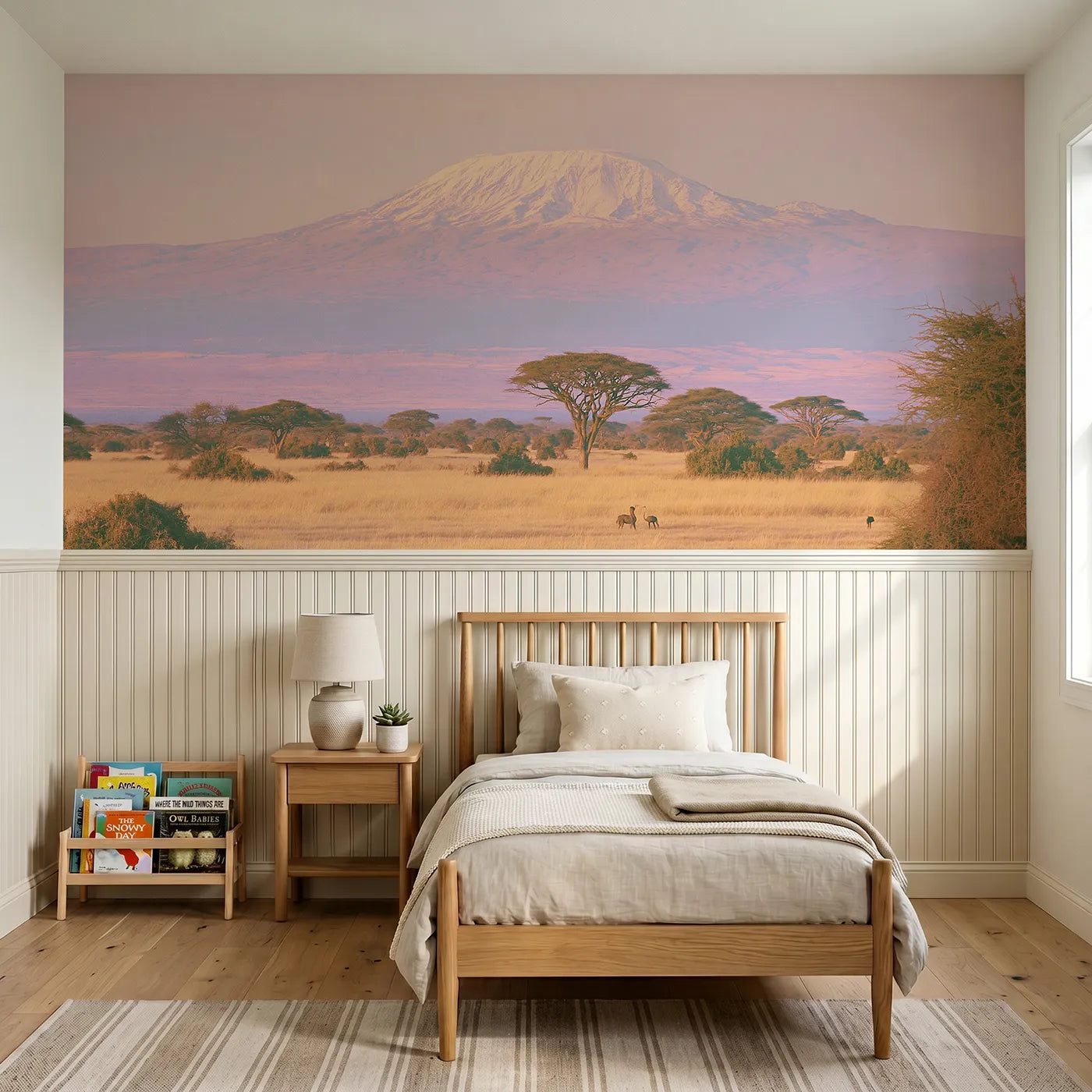 Colored pencil wainscoting mural of Kilimanjaro over a sunlit plain by Whimsy Tots