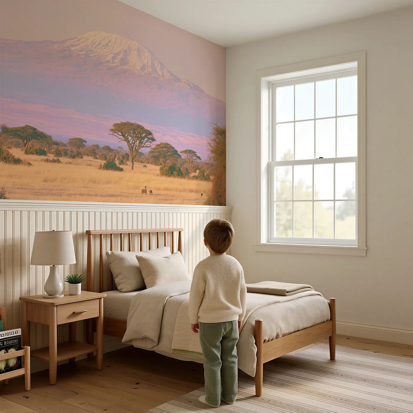 Child reading near Kilimanjaro Sunlit Plain Wainscoting Wallpaper by Whimsy Tots