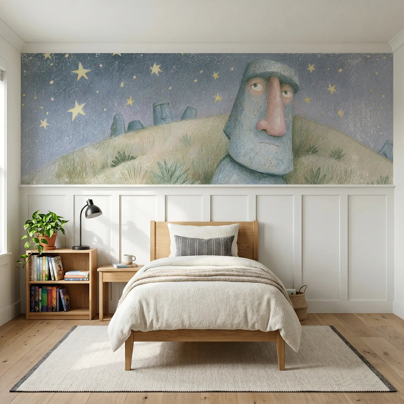 Colored pencil wainscoting wallpaper of moai under desert stars by Whimsy Tots