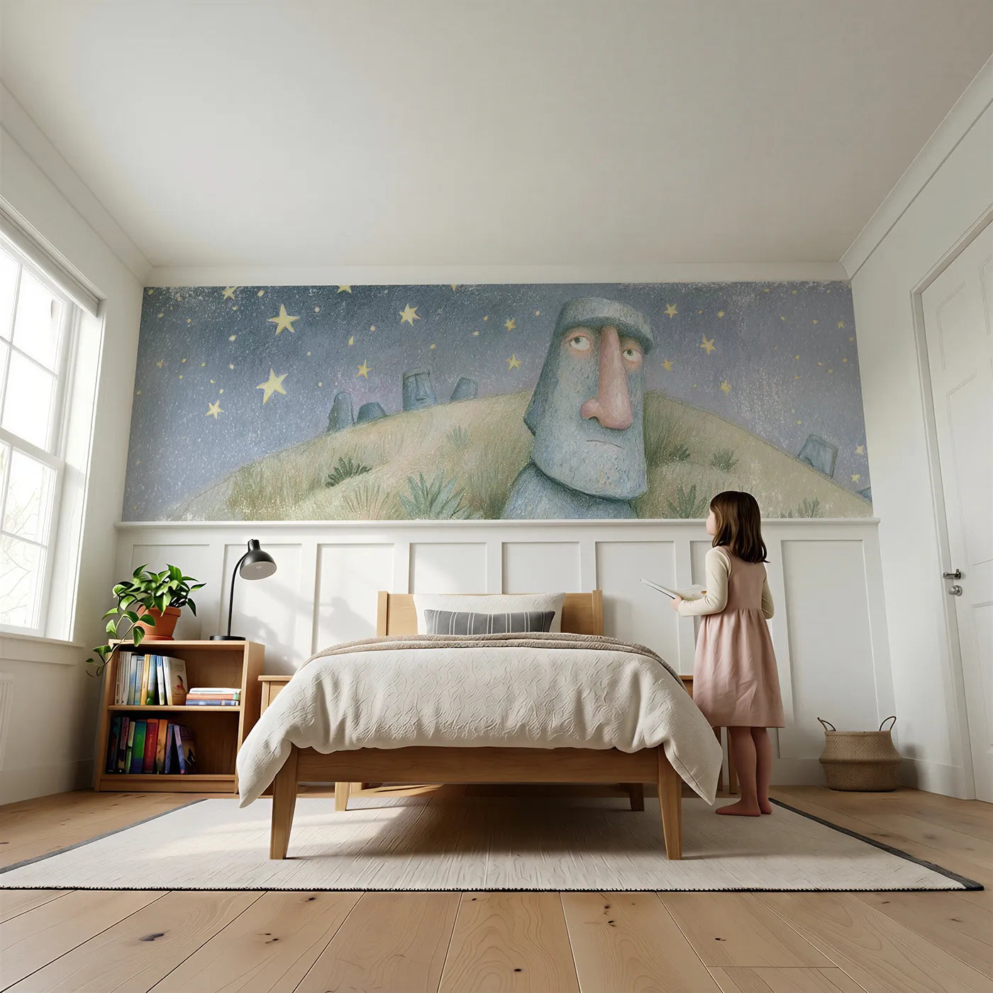 Child reading near Moai Under Desert Stars Wainscoting Wallpaper by Whimsy Tots