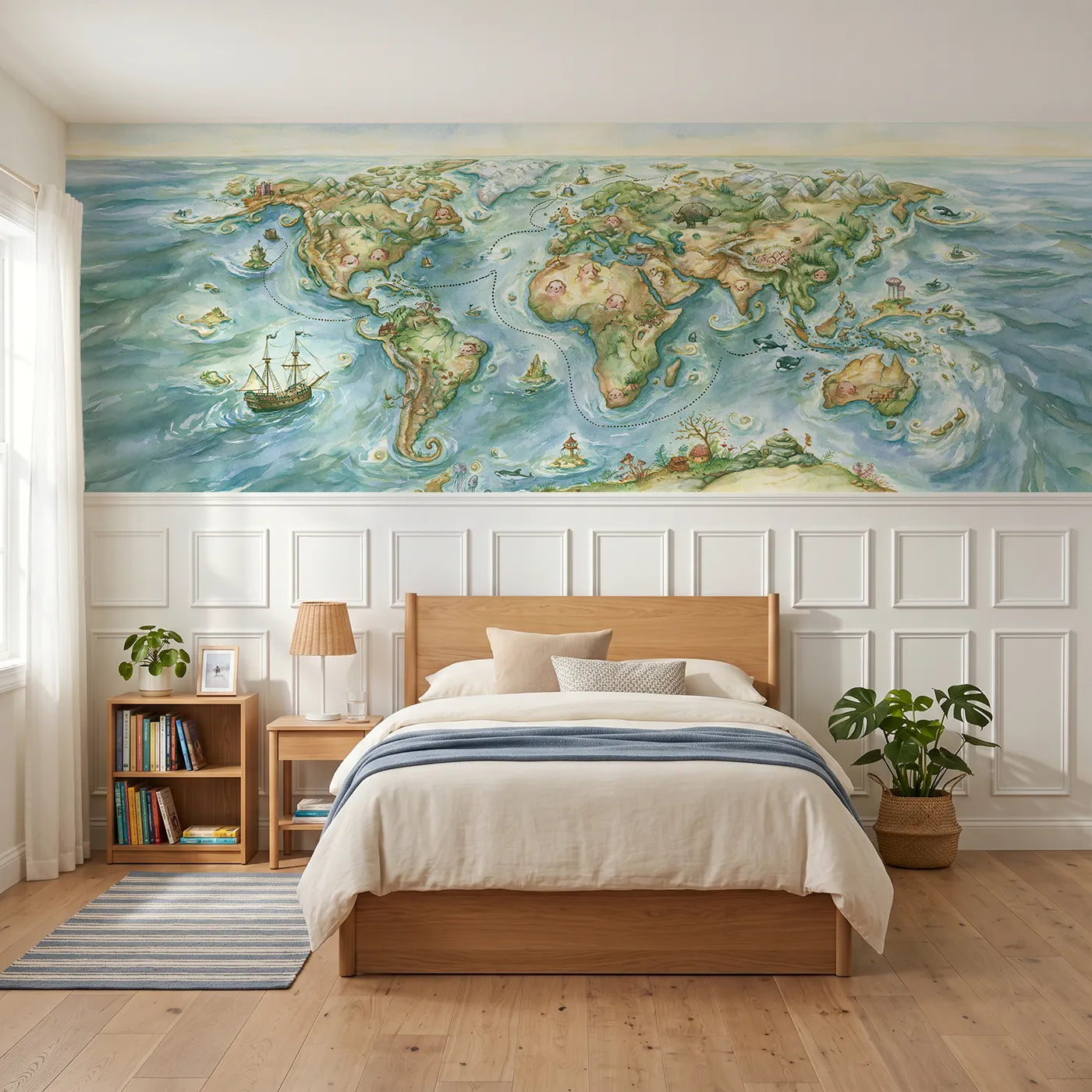 Storybook wainscoting wallpaper of a childrens world adventure map by Whimsy Tots