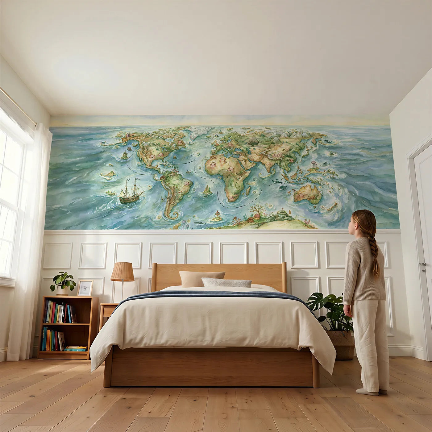 Child reading near Childrens World Adventure Map Wainscoting Wallpaper by Whimsy Tots