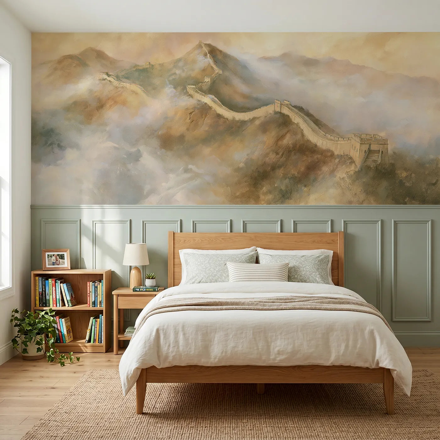 Watercolor wainscoting wallpaper of the Great Wall in morning cloud by Whimsy Tots