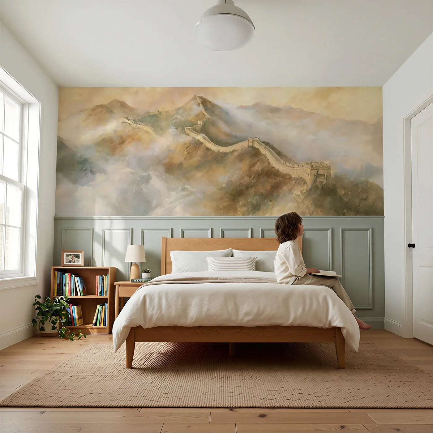 Child reading near Wall Through Morning Cloud Wainscoting Wallpaper by Whimsy Tots