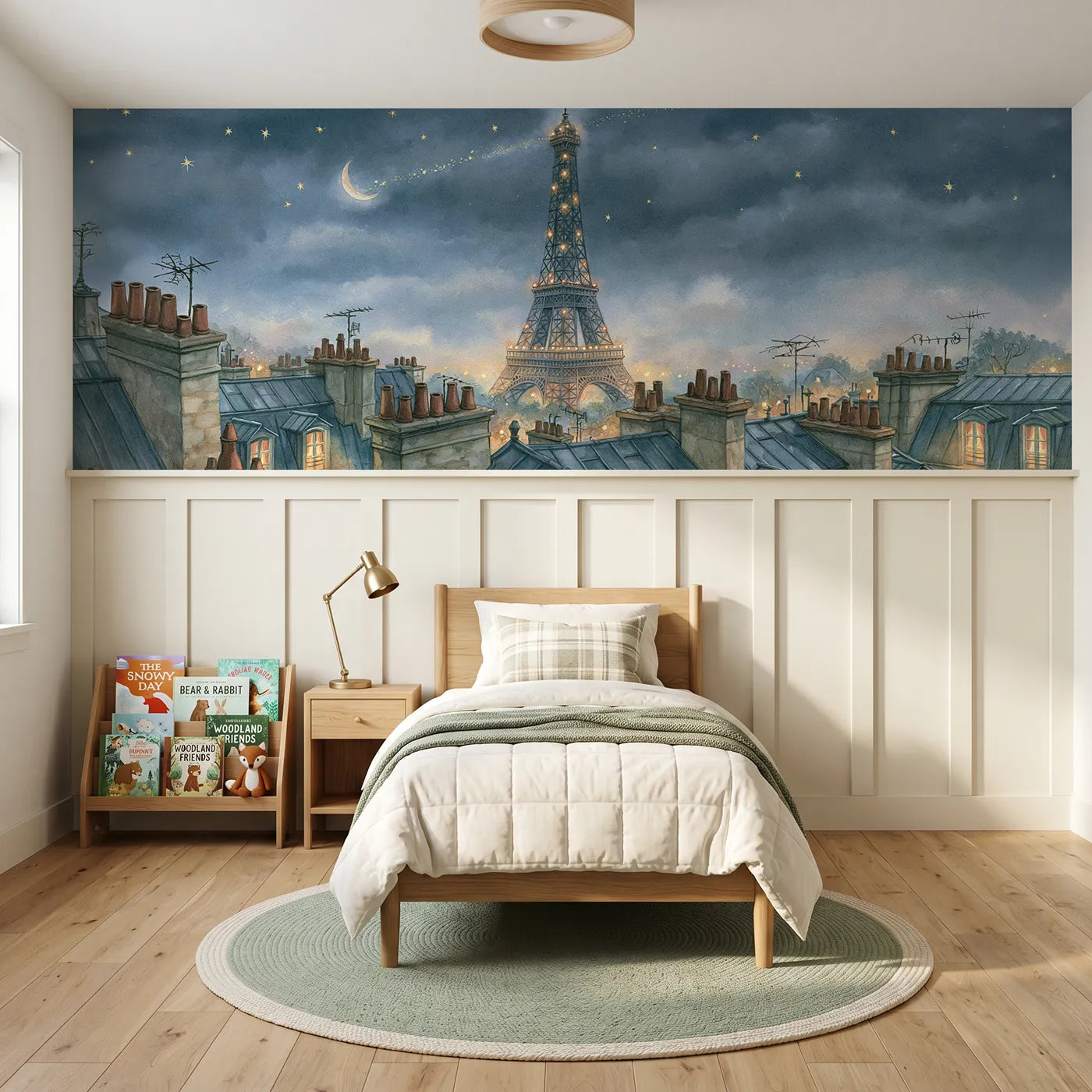 Storybook wainscoting wallpaper of the Eiffel Tower sparkling at night by Whimsy Tots