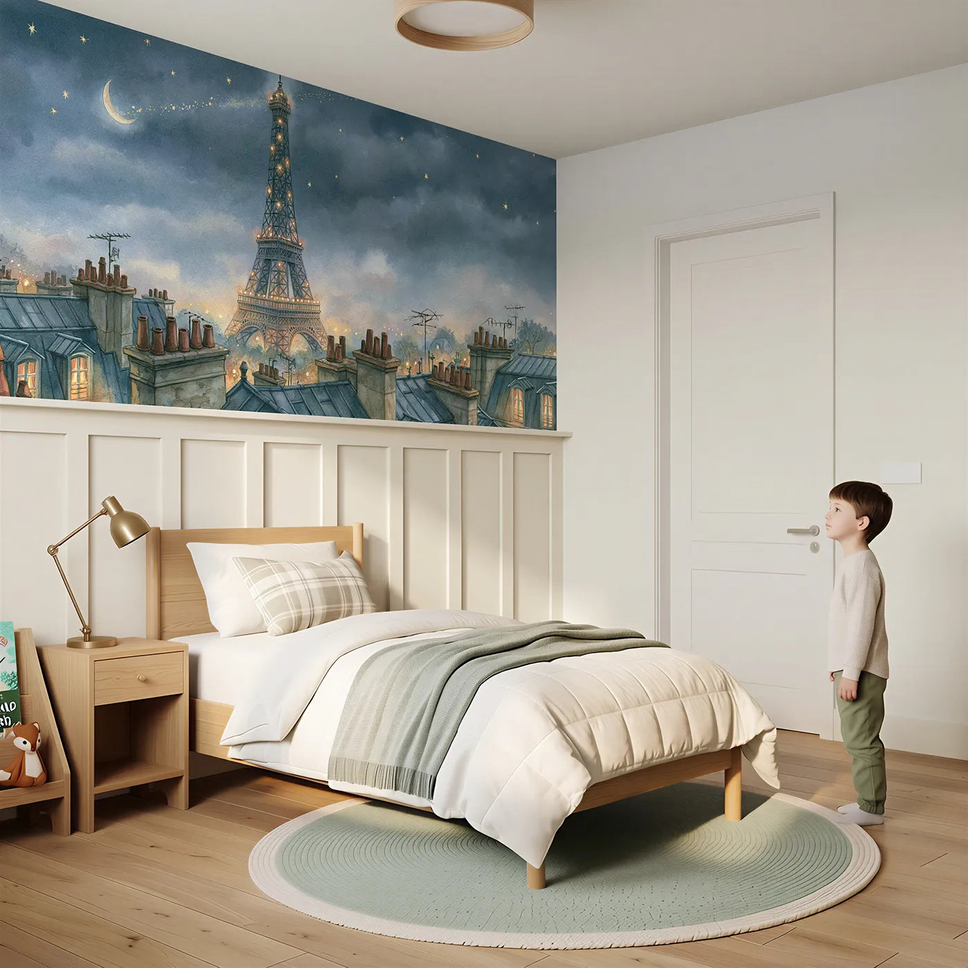 Child reading near Eiffel Sparkling At Night Wainscoting Wallpaper by Whimsy Tots