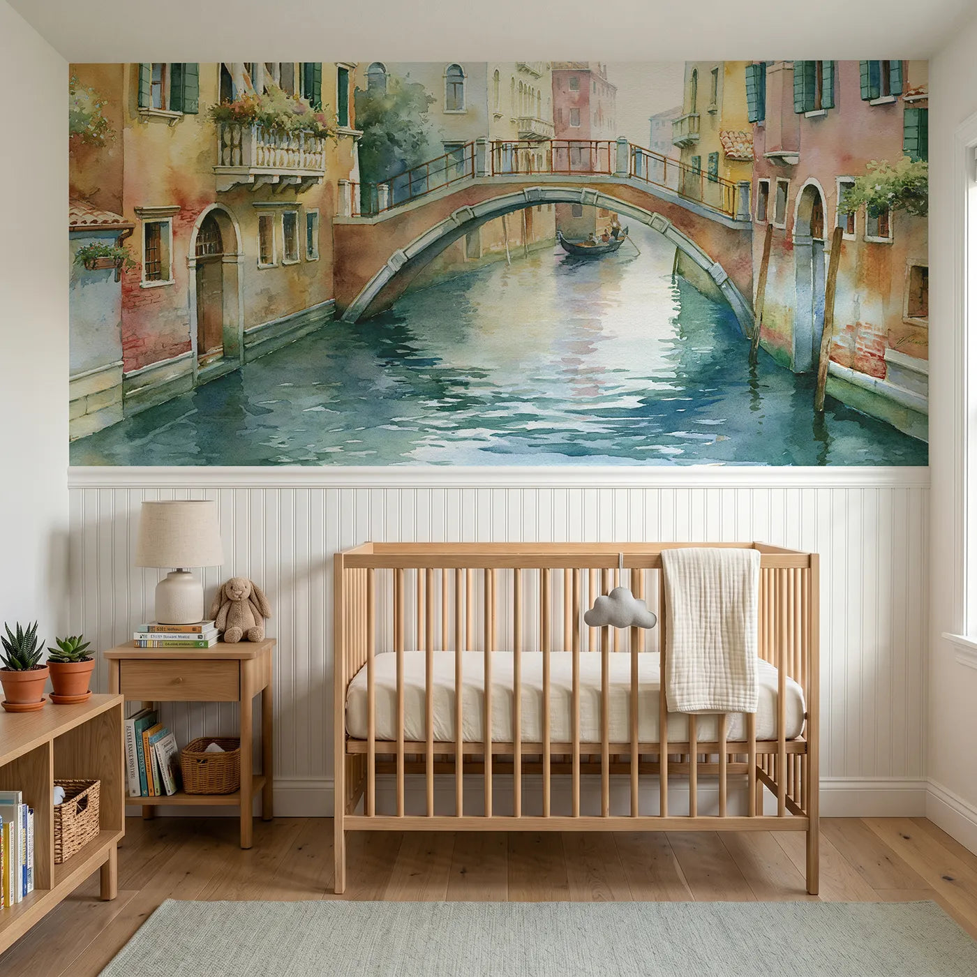 Watercolor wainscoting wallpaper of a quiet Venice canal bridge by Whimsy Tots