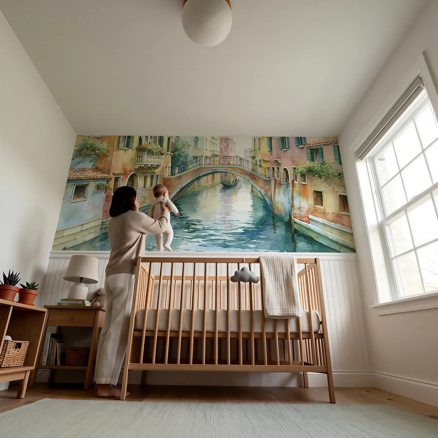 Child reading near Quiet Canal Bridge Venice Wainscoting Wallpaper by Whimsy Tots