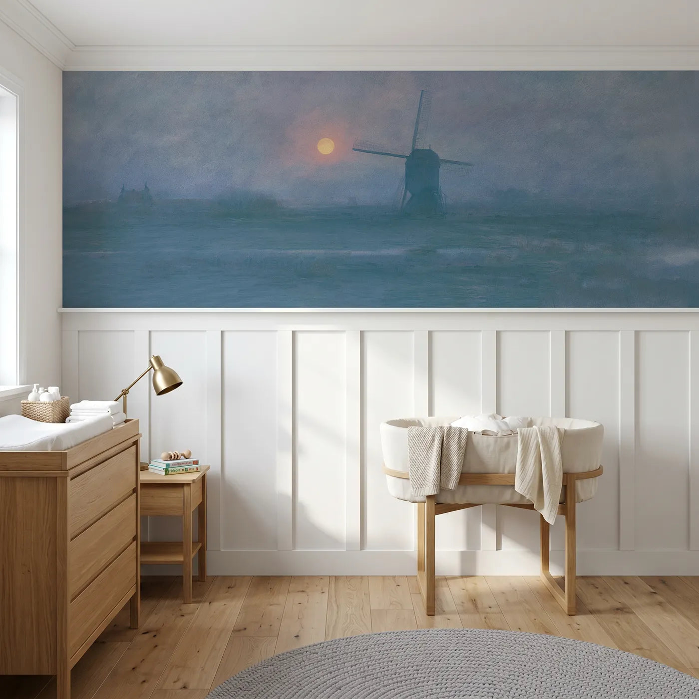 Soft pastel wainscoting wallpaper of a windmill resting at moonrise by Whimsy Tots