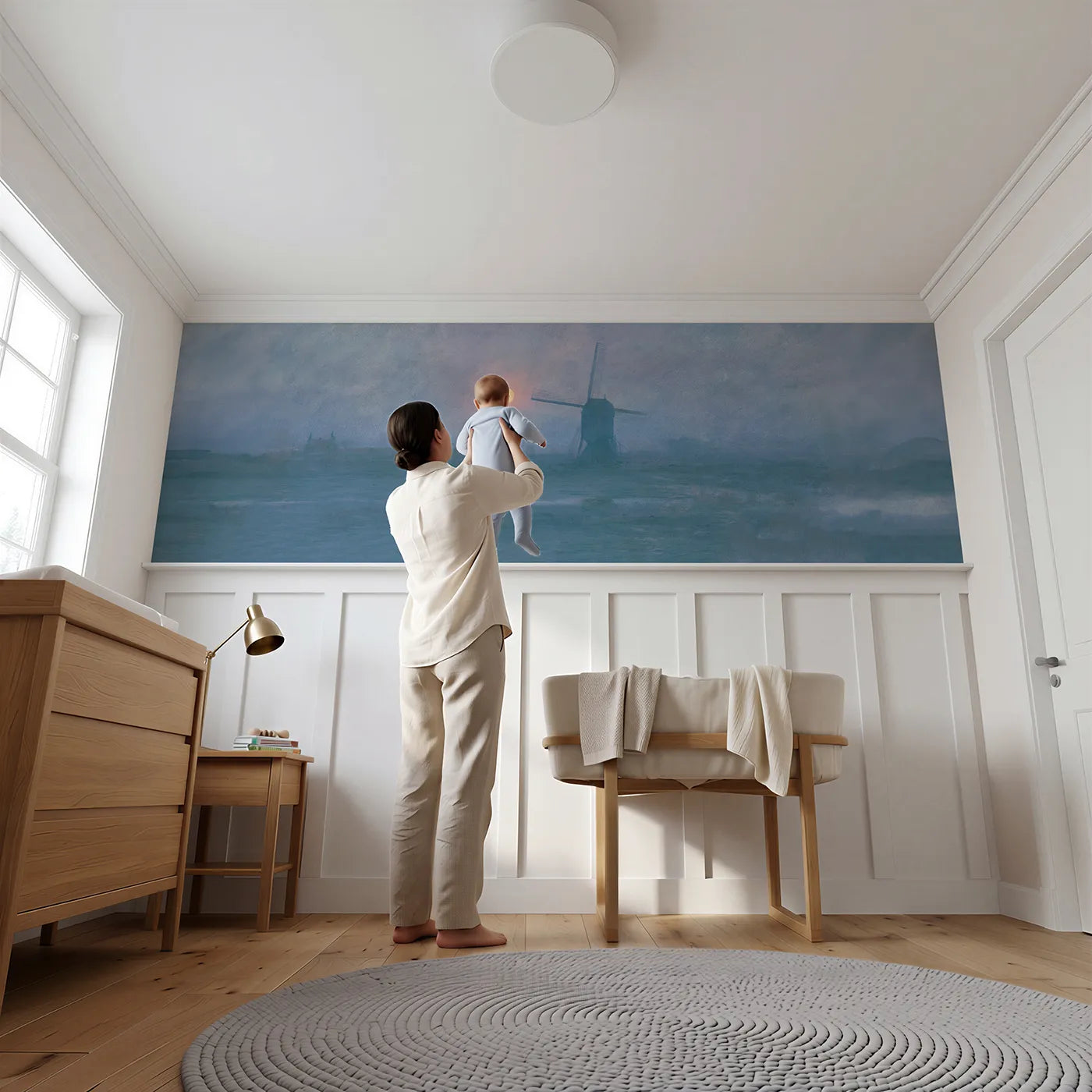 Child reading near Windmill Sails At Moonrise Wainscoting Wallpaper by Whimsy Tots