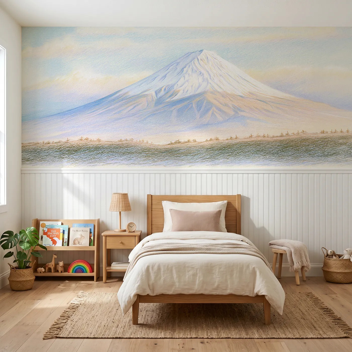 Colored pencil wainscoting mural of Fuji with its snow crown by Whimsy Tots