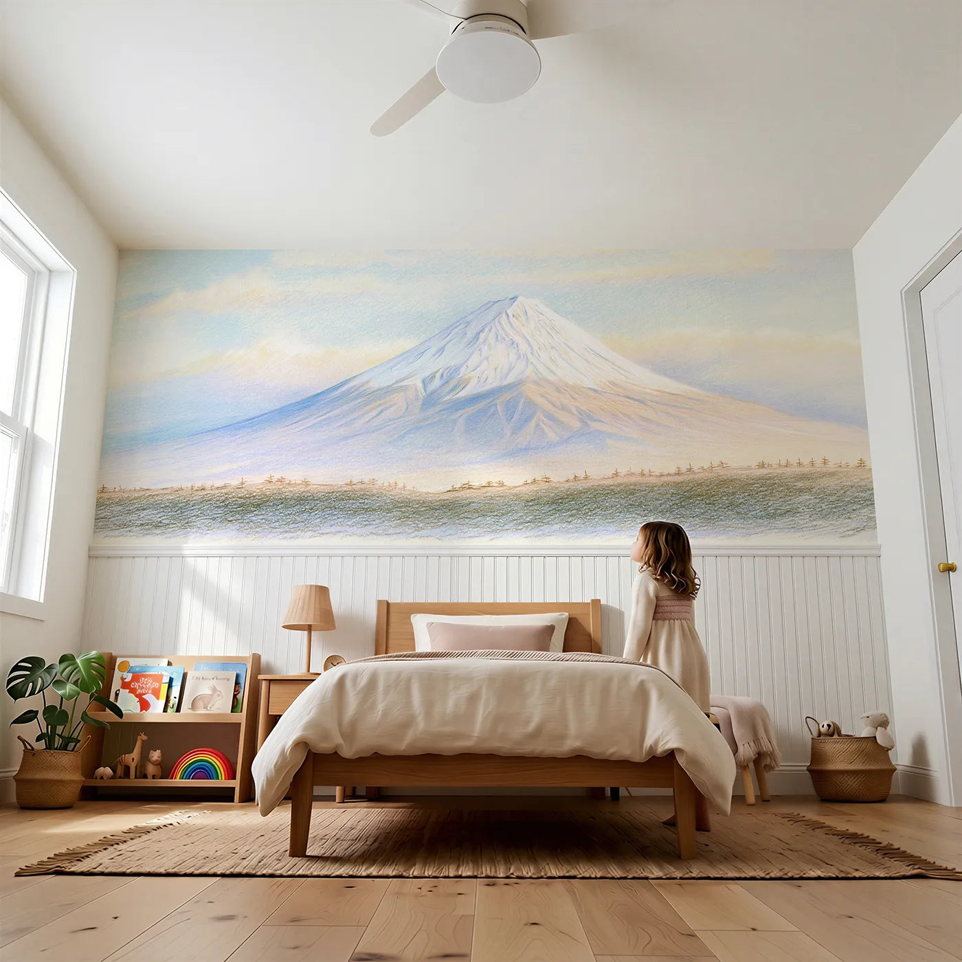 Child reading near Fuji Snow Crown Plain Wainscoting Wallpaper by Whimsy Tots