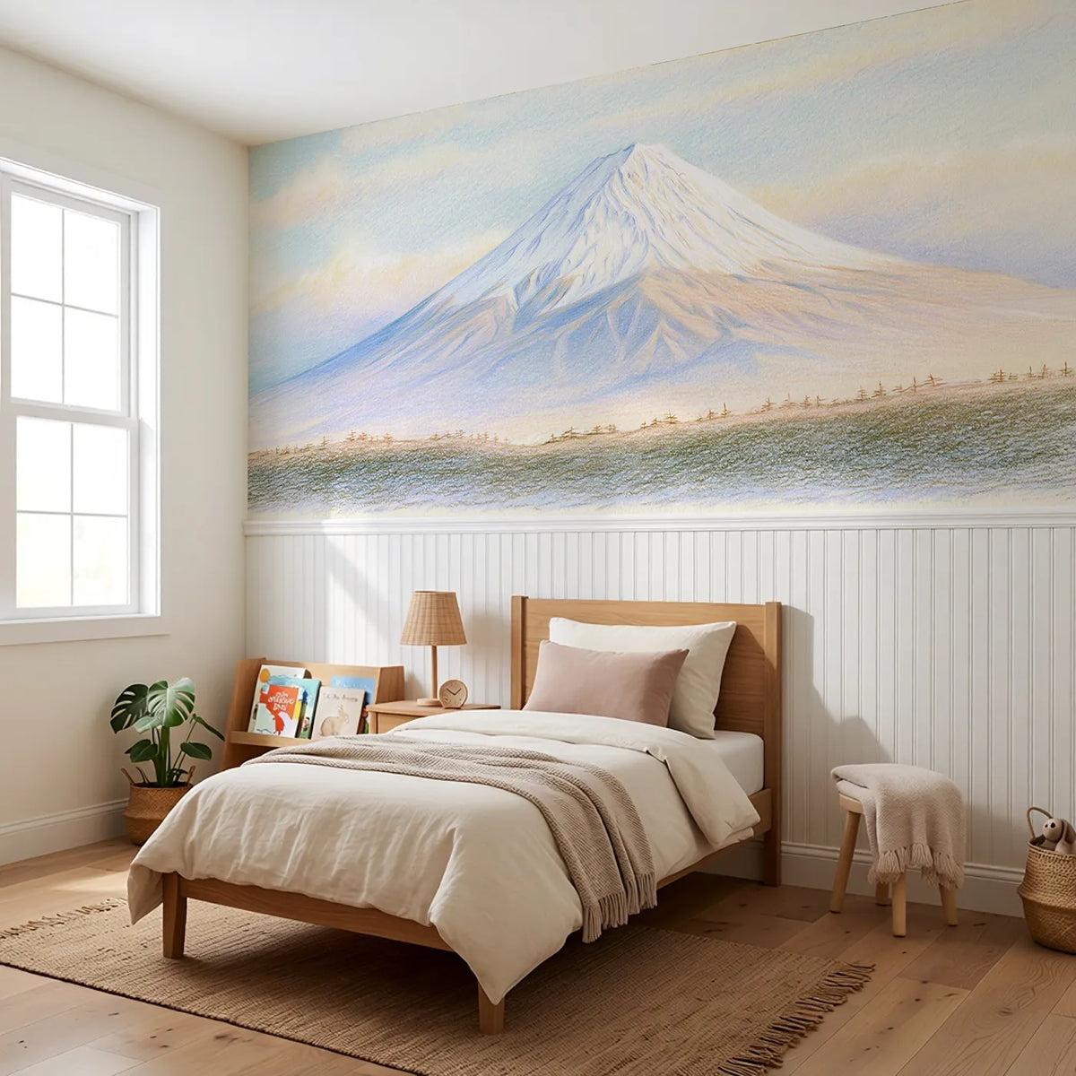 Fuji Snow Crown Plain Wainscoting Wallpaper styled in a kids room by Whimsy Tots