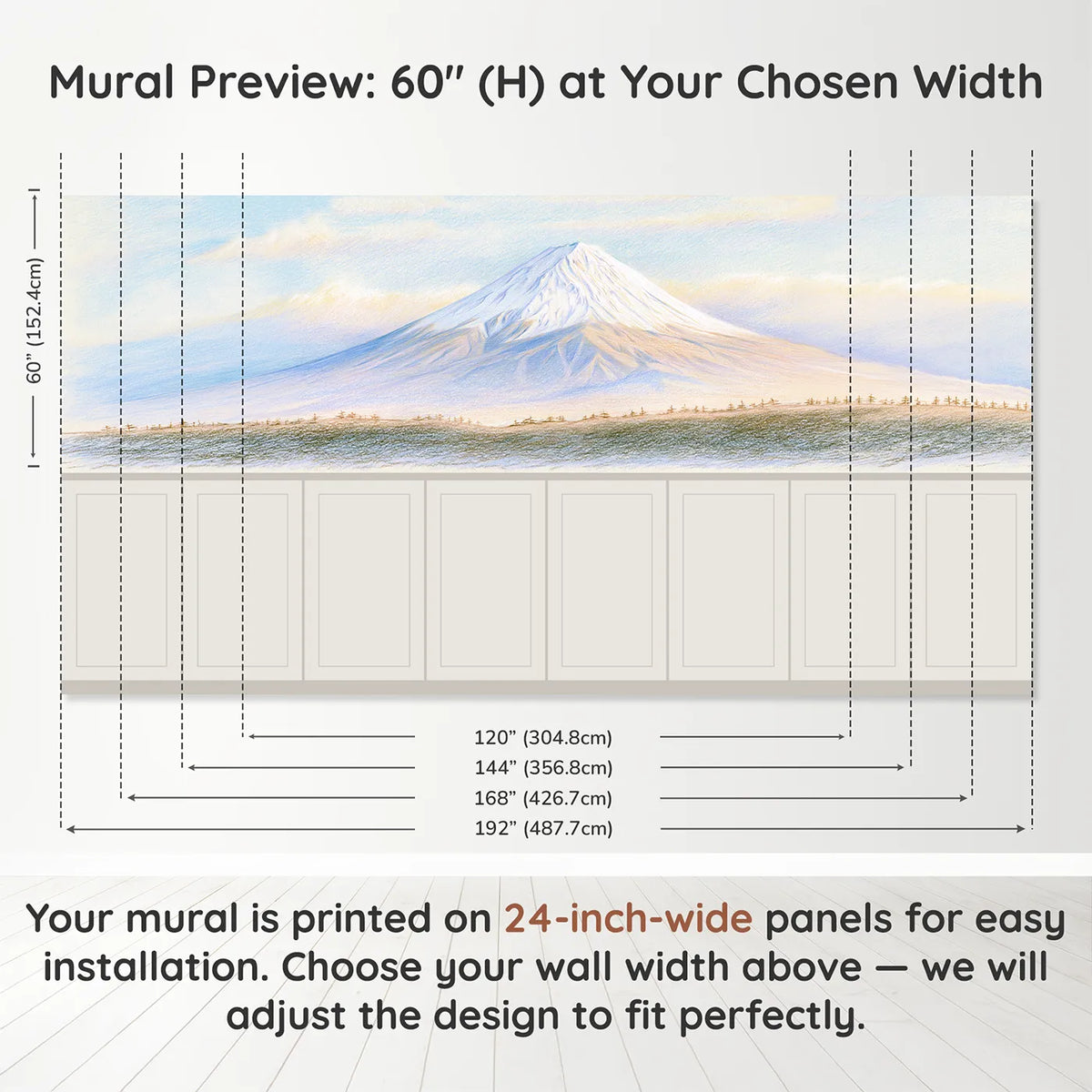 Panel dimensions for Fuji Snow Crown Plain Wainscoting Wallpaper by Whimsy Tots