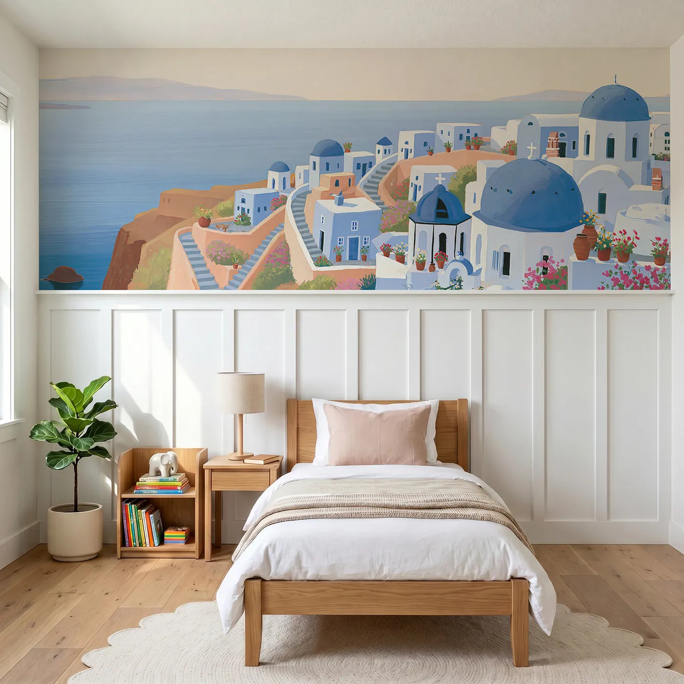 Modern illustration wainscoting wallpaper of Santorini blue domes by Whimsy Tots