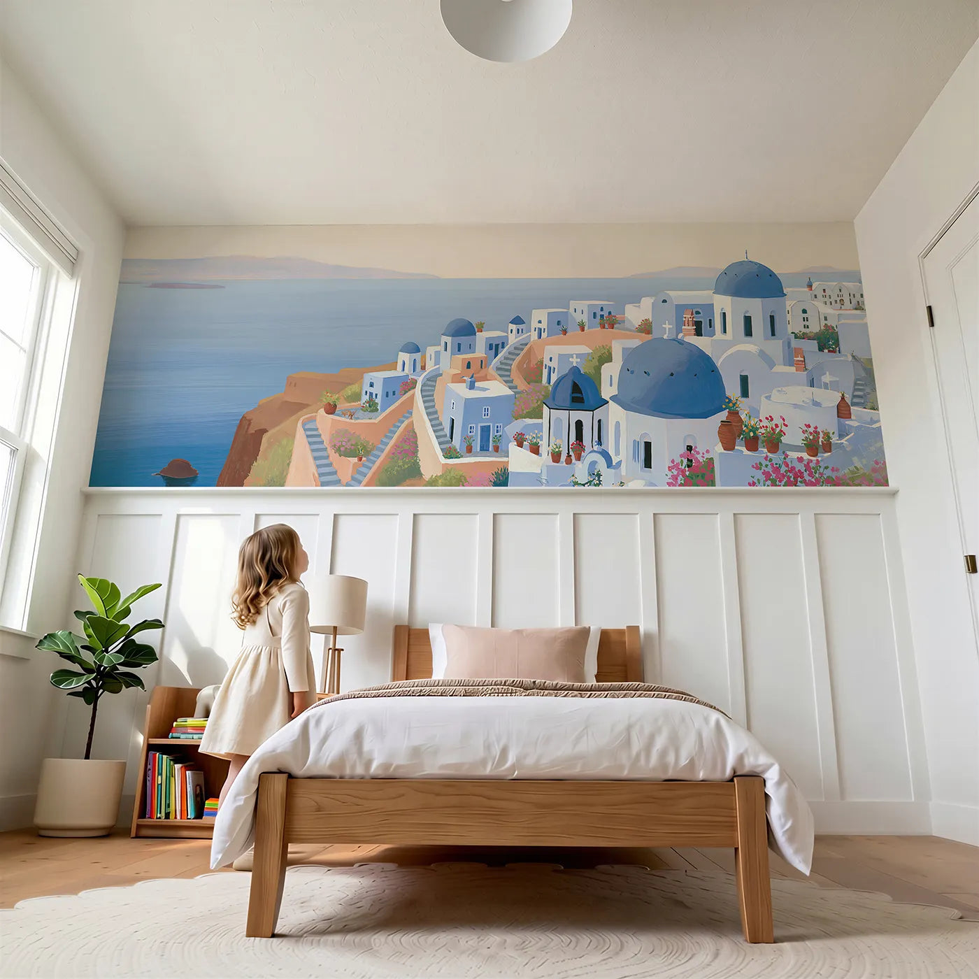 Child reading near Blue Domes Of Santorini Wainscoting Wallpaper by Whimsy Tots