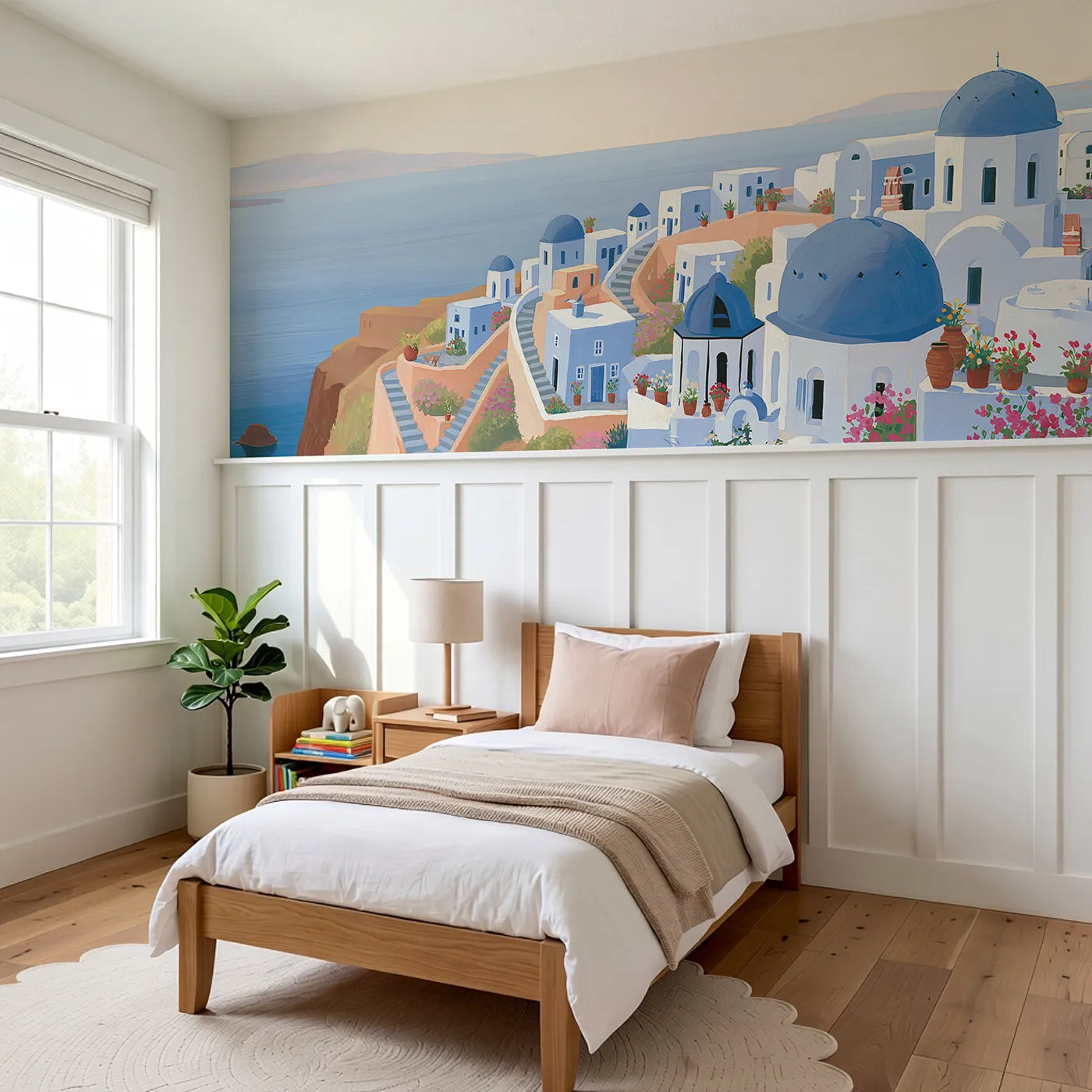 Blue Domes Of Santorini Wainscoting Wallpaper styled in a kids room by Whimsy Tots