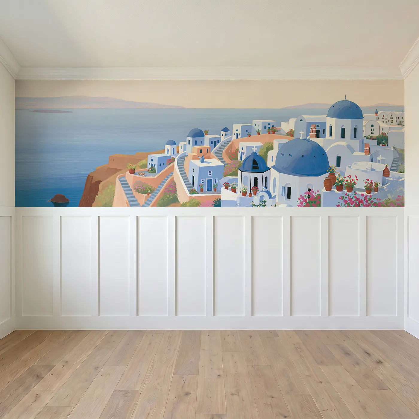 Full panel view of Blue Domes Of Santorini Wainscoting Wallpaper by Whimsy Tots