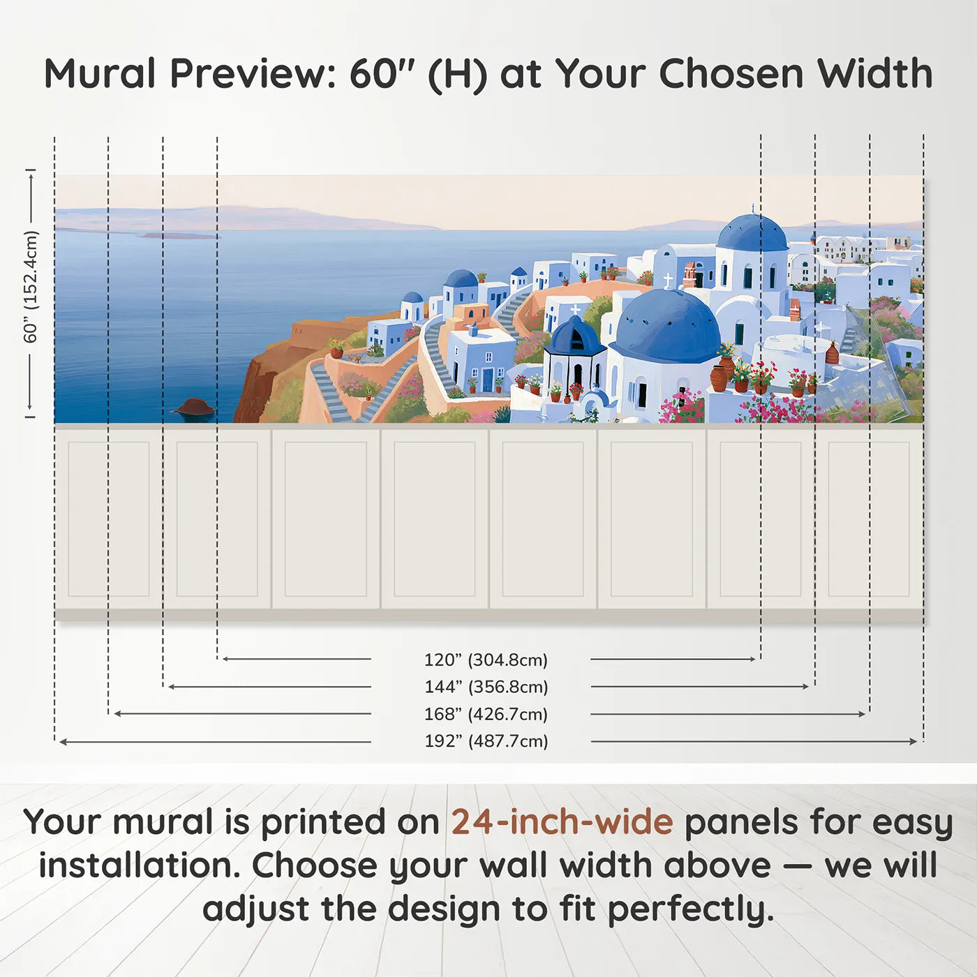 Panel dimensions for Blue Domes Of Santorini Wainscoting Wallpaper by Whimsy Tots
